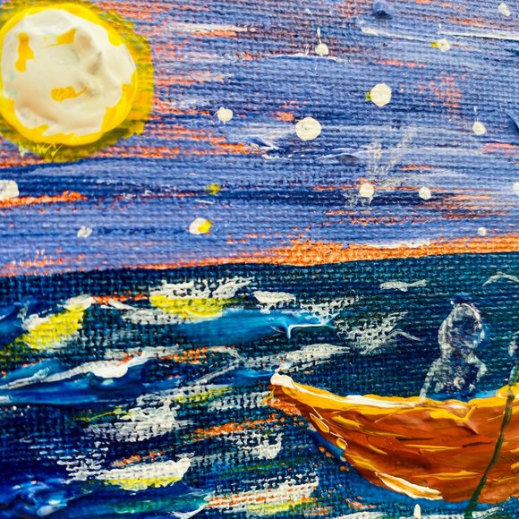 Canoe night Lovers Couple Nautical Painting Original Art Small 8”x10” Acrylic - Picture 4 of 8